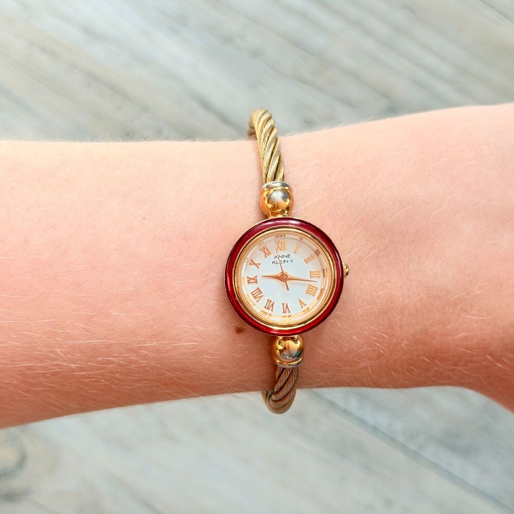 Vintage Anne Klein II Gold Tone Cable Bracelet Watch Red Bezel Roman Dainty